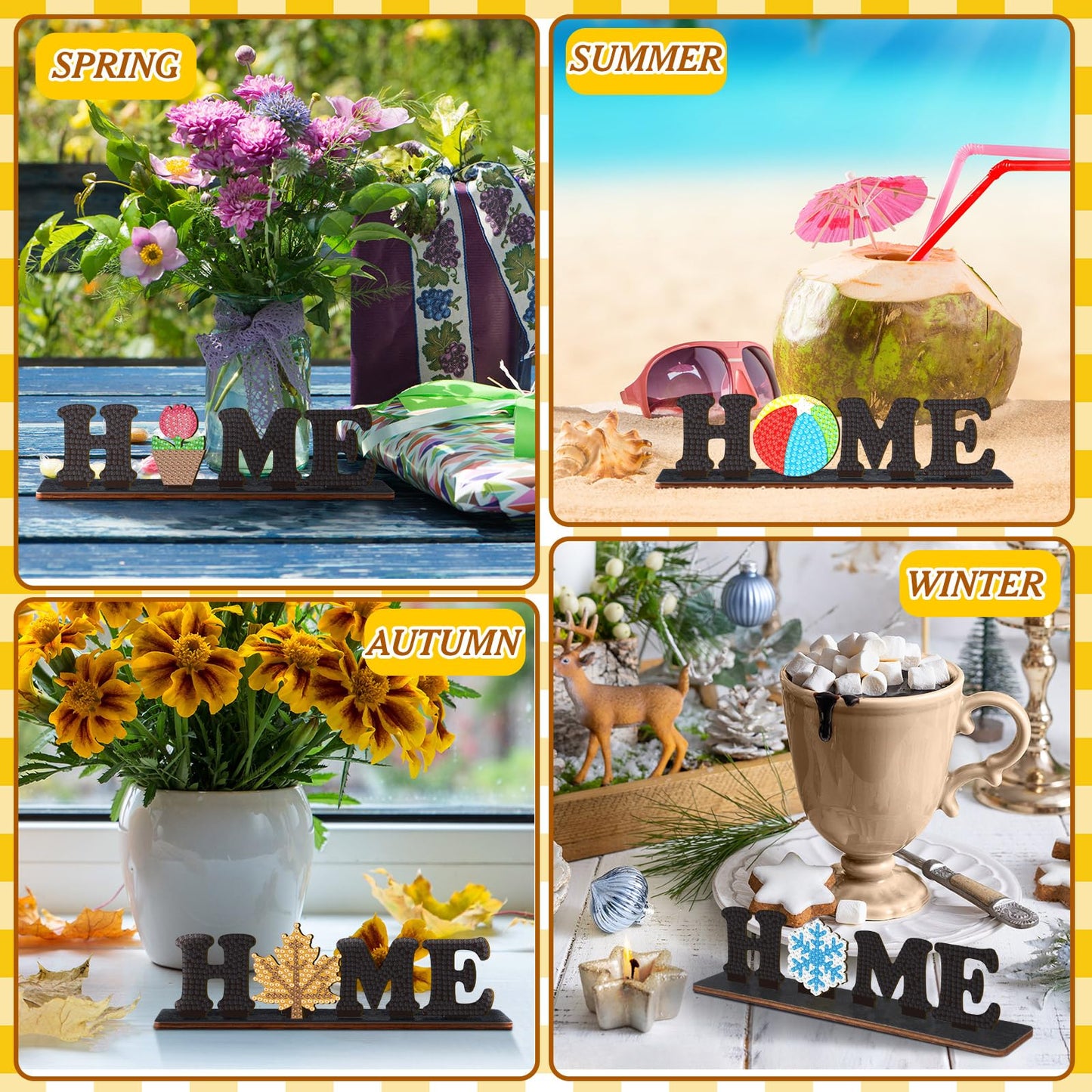 Briwooody Interchangeable Home Table Signs with 20 Pcs Seasonal Icons Diamond Painting Interchangeable Home Letter Sign Table Centerpiece for All Seasons Detachable Home Decorative for Office