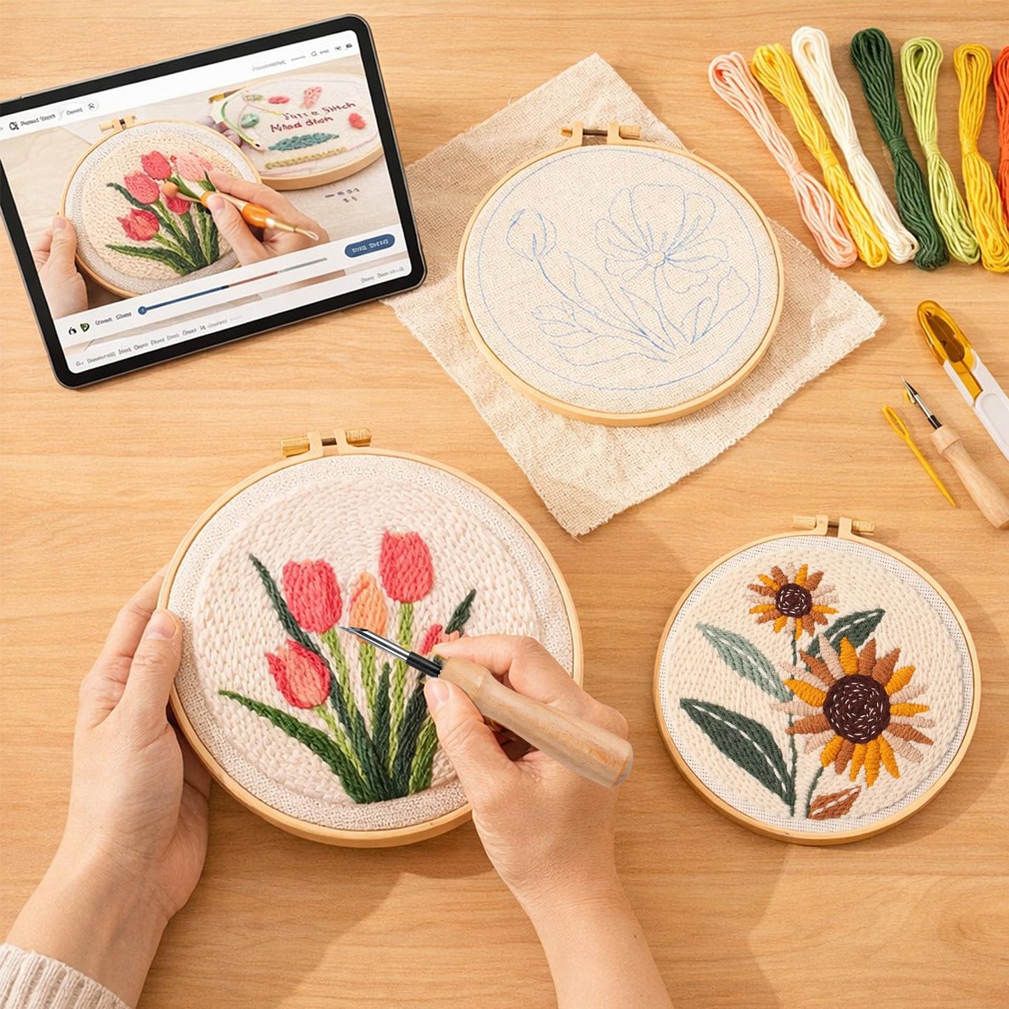 Aemygo Punch Needle Kit Adults Beginners, 3 Pcs DIY Easy Flower Embroidery Set for Starter Art Craft, Needling Punching Project with Patterns, Tools, Yarns, Hoop, Instruction