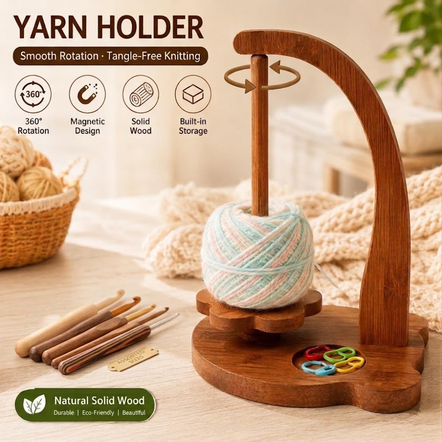 Blingcute Wooden Yarn Holder for Crochet and Knitting, 360° Rotating Bear-Shaped Yarn Stand, Anti-Tangle with Flower Base, Marker Tray, Anti-Slip Pads, Crochet Accessories Gift for Women