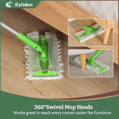 Eyliden Sweeper Mop with 36 Refills - 3 Types of Disposable Dry & Wet Cloths | Lock-Tight Design No Lost Pads, Universal Refills, Multi-Surface Sweeping Starter Kit for Pet Hair, Dust, Floor Cleaning