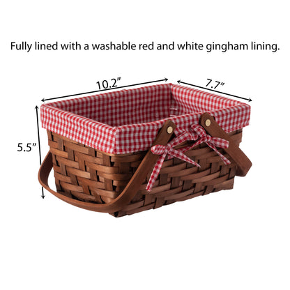 Wickerwise Small Rectangular Woodchip Picnic Baskets with Double Folding Handles, Natural Hand-Woven Basket Lined with Gingham Red and White Lining Great for Gifts