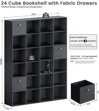 Modern Cube Storage Organizer, 24 Open Shelves Bookcase with 3 Storage Bins, Black Book Case with Wood Grain, Freestanding Shelf for Bedroom, Living Room, Home Office, Library, Wooden Large Book Shelf