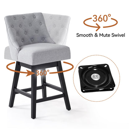 Erdoru Swivel Bar Stools with Backs, 26" Counter Height Bar Stools Set of 3, Modern Linen Fabric Upholstered Counter Height Stools with Solid Wood Legs for Kitchen Island, Dining Space, Light Grey