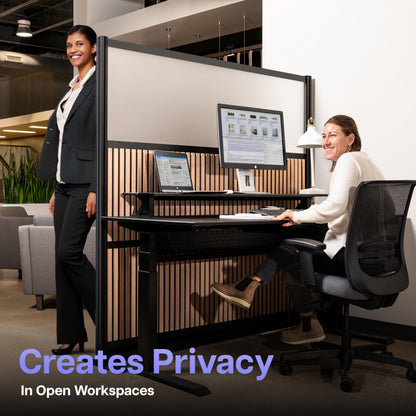 Room Divider for Office Privacy – Modular Freestanding Acoustic Office Partition with PET Sound Dampening Panels and Faux-Wood Slats, 70” x 70”, Grove Sound Dampening Wall, Black Frame, Easy Assembly