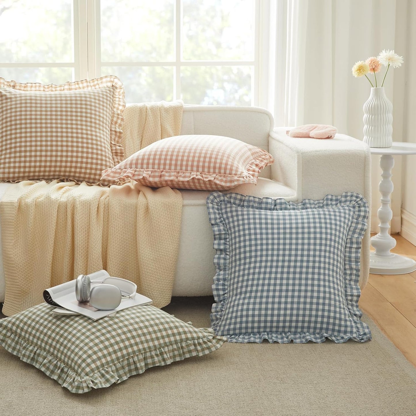 26 26 Inches, Set 2, KKJIAF Ruffle Gingham Pillow Covers x Cotton Plaid Throw Pillow Shams of Linen Feel Ruffled Plaid