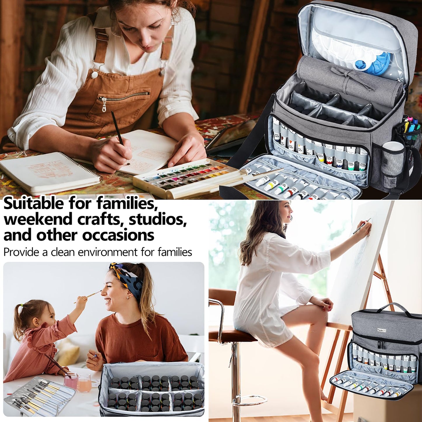 Acrylic Paint and Brush Set Organizer Bag - Carrying Case Compatible with Apple Barrel, Shuttle Art, Caliart Art Supplies - Includes Detachable Paint Brush Holder - for Travel/Outdoor Sketching (Gray)