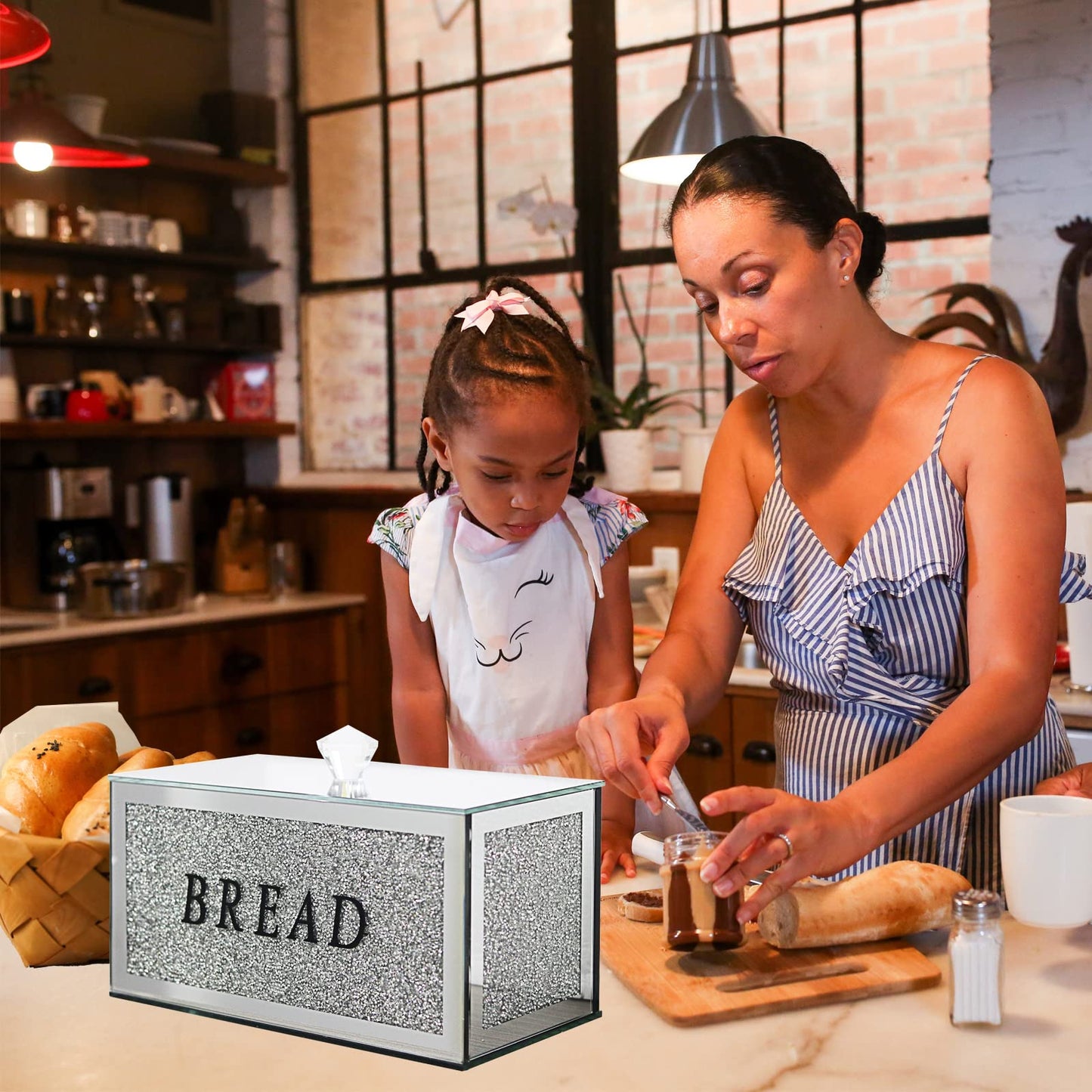 HMRCYTE Large Crystal Glass Bread Container Box with Lid, 12.2" L x 6.3" W x 7.9" H Silver Homemade Bread Storage, Crushed Diamond Home Decor, Keep Bread Fresh Clean, Bread Bin for Kitchen Countertop