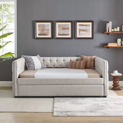 Acosure Upholstered Full Size Daybed with Trundle Twin,Solid Wooden Sofa Bed Frame W/Button Tufted & Copper Nail on Square Arms,No Spring Box Need,Bedframe for Living Room Bedroom Dorm,Beige Linen