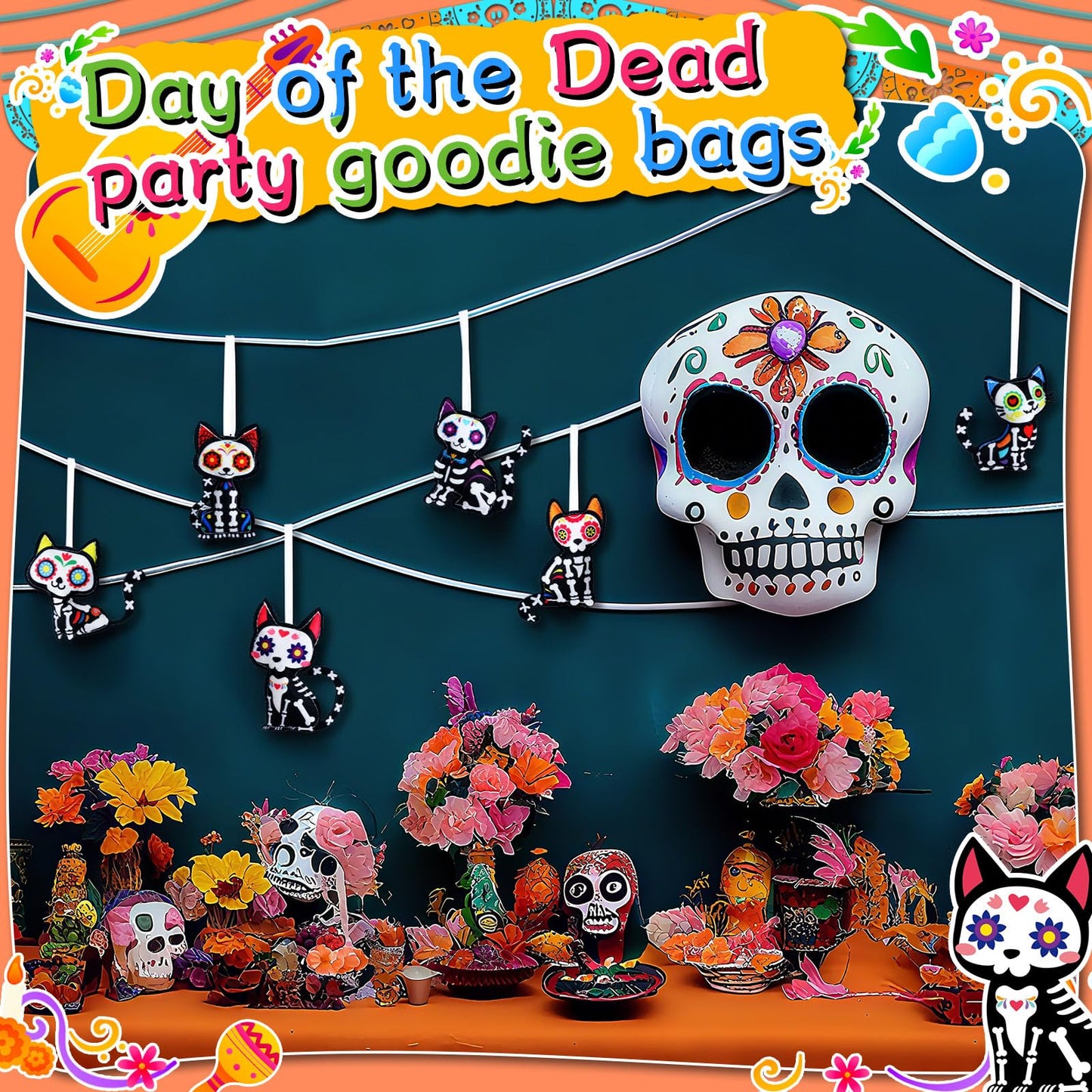 Remagr 12 Pcs Dia De Los Muertos Cat Felt Ornaments, Day of The Dead Cat Skeleton Hanging Halloween Ornaments for Mexcian Themed Party School Bags Indoor Outdoor Tree Hanging Decorations