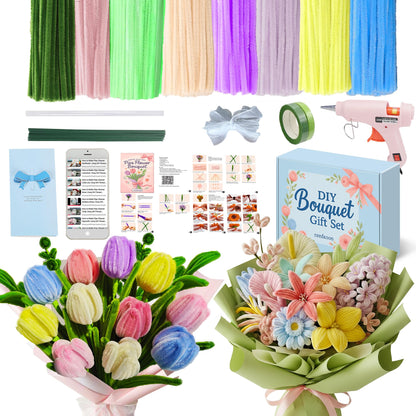 Pipe Cleaner Flower Kit with Hot Glue Gun - 400PCS DIY Pastel Bouquet Crafts - 8mm Fluffier Chenille Stems with Video - Beginner Pipecleaner Flower Making Kit for Teens, Summer Crafts Gift for Her