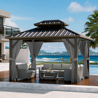 12'x10' Hardtop Gazebo, Heavy Duty Aluminum Permanent Hardtop Gazebo Outdoor Pavilion with Curtains and Netting for Garden