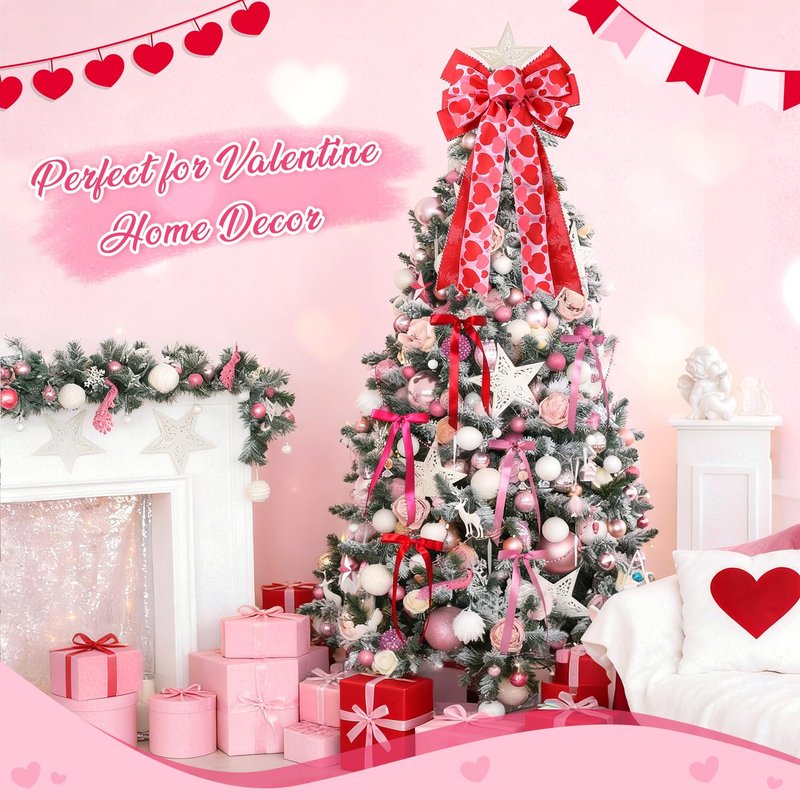 CEELGON Valentines Day Decorations Large Pink and Red Valentine Tree Topper Bow & 12 Pcs Long Satin Ribbon Bows Ornaments Wreath for Holiday Home Wall Decor