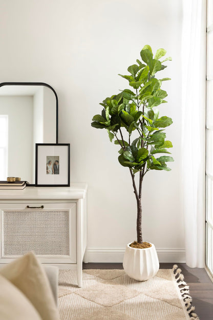 Kate and Laurel Fidmont Faux Fiddle Fig Tree with Claudel Scalloped Planter Pot, 6 FT, White, Potted Artificial Tree Indoor with Realistic Foliage and Added Moss, Fake Plant for Living Room Decor