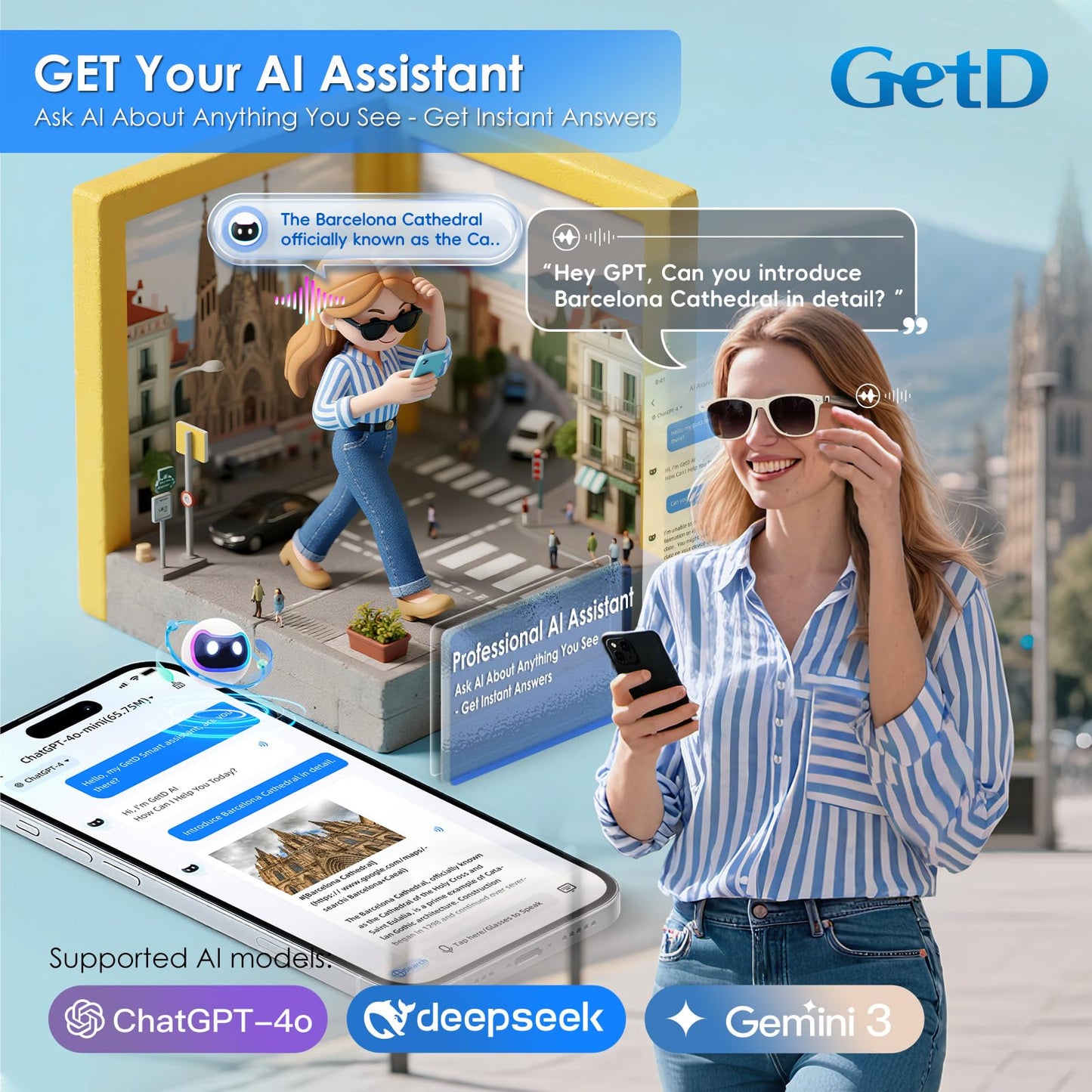 GetD AI Glasses for Men & Women, Smart Glasses Powered by ChatGPT, AI Real-time Translation with 145 Languages, 11H Music Play, Bluetooth Glasses with Photochromic Lens for Daily Use, Travel