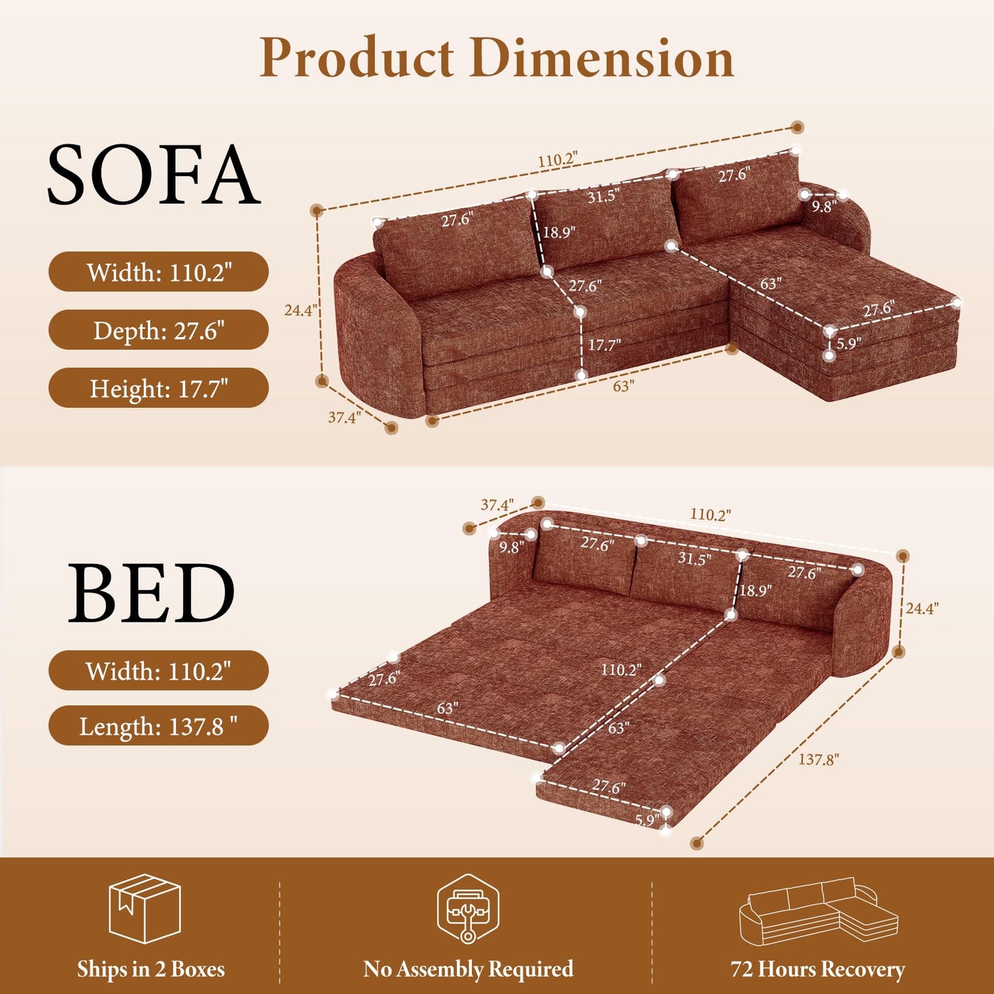 Vesgantti 110.2" Boneless Sectional Couch with Curved Armrest, 6 in 1 Convertible Folding Sleeper Sofa Bed, Chenille Modular Sofa for Living Room, No Assembly Required, Orange, Right Facing Chaise