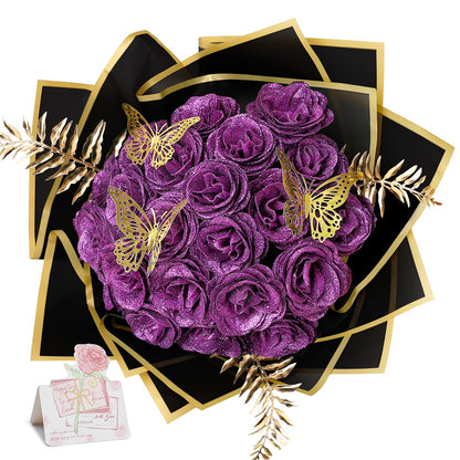 Tobilu Glitter Roses Bouquet - DIY Artificial Flower Bouquet Kit with Fake Rose Butterfly Stems Cards for Gifts Mother's Day Valentine's Day Anniversary Birthday, 24 Roses, Purple