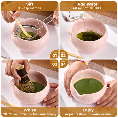 ComboJoy Matcha Whisk Set – Crystalline Glaze Bowl, Bamboo Whisk & Holder, Scoop & Sifter with Holder, Cup with Lid & Straw, Ice Cube Tray & Tea Towel – Pink Matcha Gift Set for Women, Women Gifts