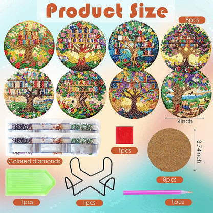 ijbnhd 8 Pcs Diamond Art Coasters Kits, Tree of Life Diamond Painting Coasters Kit with Holder, Diamonds Art Non Slip Coaster Crafts Kits for Adults Gifts 4x4 inch (Cork Wooden Pad)
