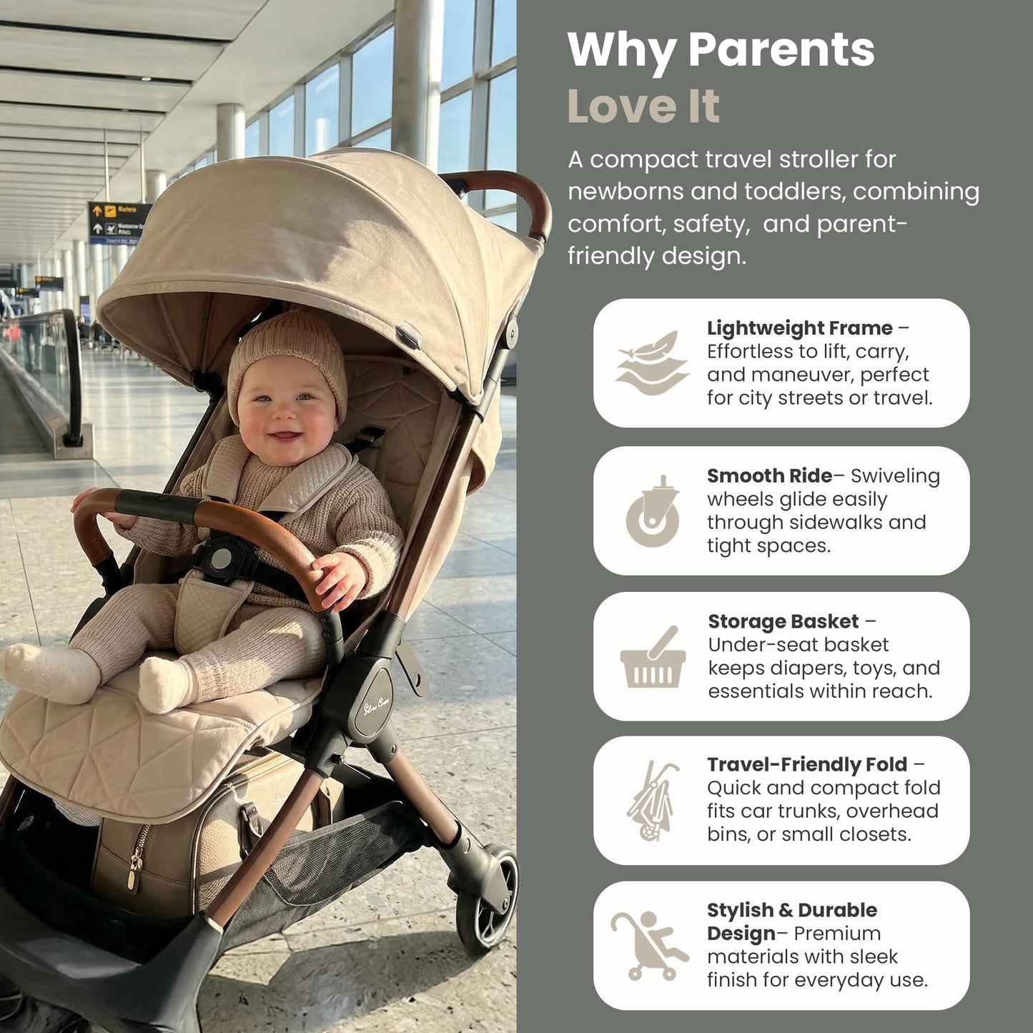 Silver Cross Clic Compact Travel Stroller – (Latte) – Lightweight Baby Stroller for Airplane Travel – One-Hand Fold, Lie-Flat Infant & Toddler Seat – Birth to 55 lb