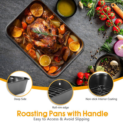 Roasting Pan with Rack, 15.75x11.02’’ Baking Pan for Oven with Rack & Silicon Hand Clip & Oilbrush, Heavy Duty Dishwasher Safe Rectangular Lasagna Pan with Handle for Turkey, Dark Grey