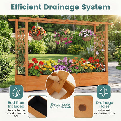 HAPPYGRILL Raised Garden Bed with Trellis, 2 Pack Freestanding Wood Planter Box w/Hanging Roof & 8 Drainage Holes for Vine Climbing Plants Flowers, Outdoor Planter with Trellis for Garden Patio Yard
