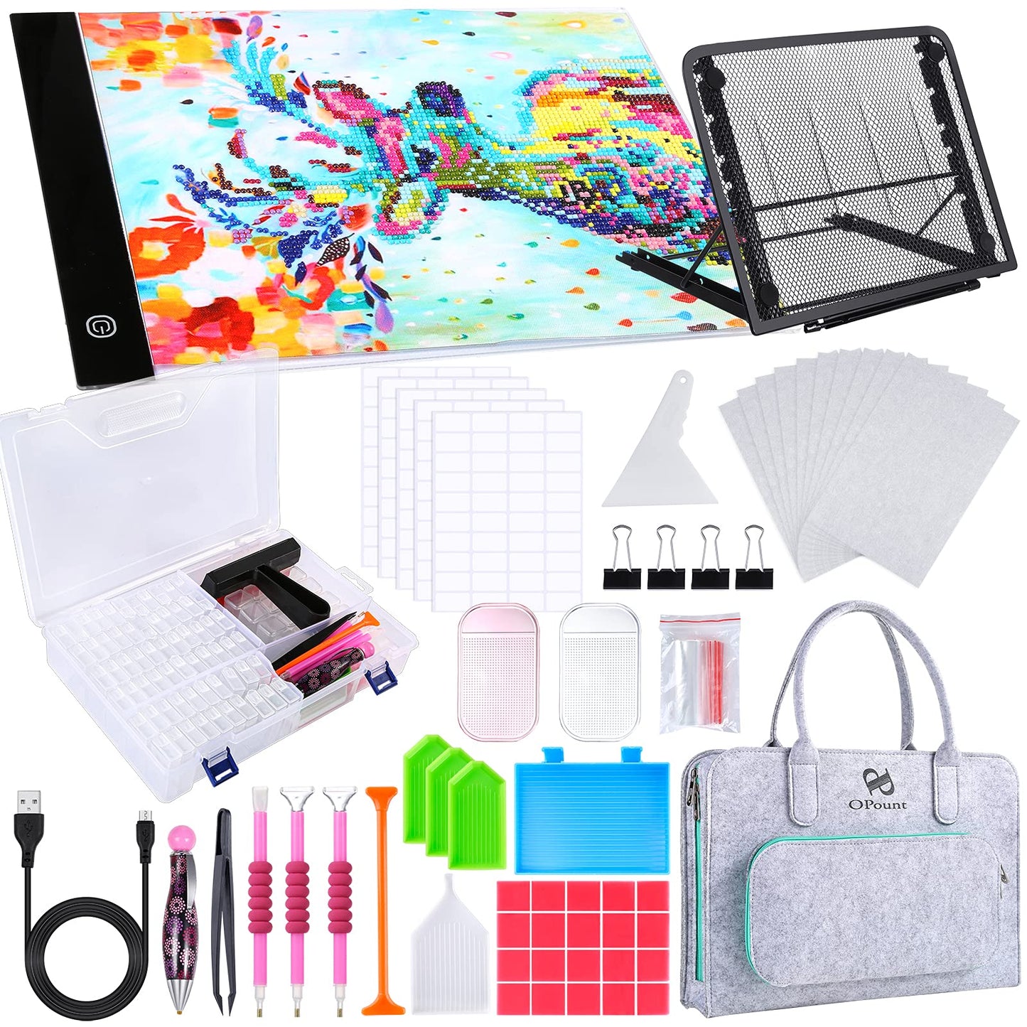 PP OPOUNT 170 PCS A4 Diamond Painting Light Pad Kits, Diamond Art Accessories Kit with Light Board, 80 Grids Diamond Box and Storage Bag, Diamond Painting Tools Kit Full Drill for Diamond Art