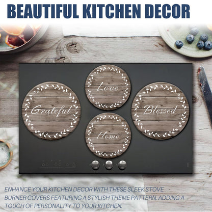 Stylish Burner Covers Set of 4 for Range Accessories, Gratitudes Wood Board Metal Stove Burner Cover for Expanding Counter Space Stovetop Decor, Burner Covers for Electric Stove