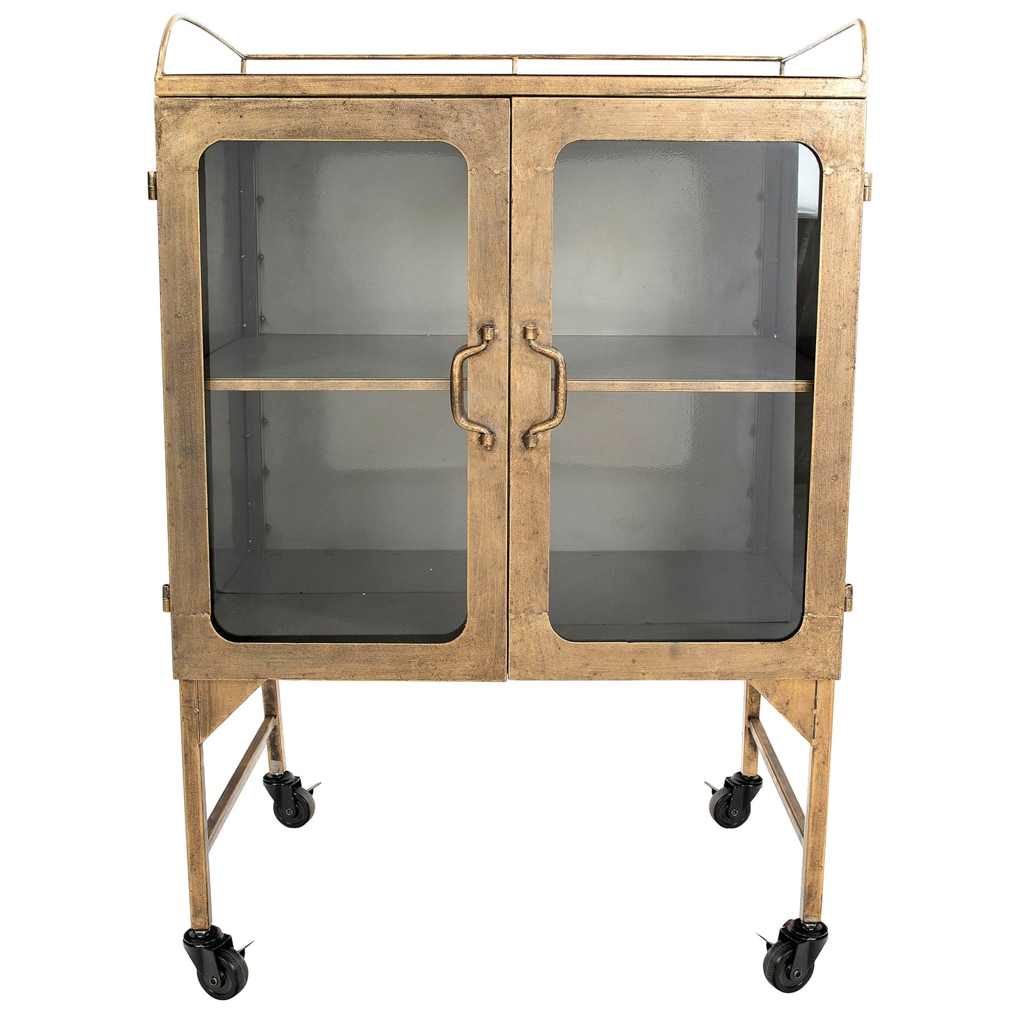 Creative Co-Op Vintage Metal Bar Cabinet with Glass Doors and Wheels, Antique Brass