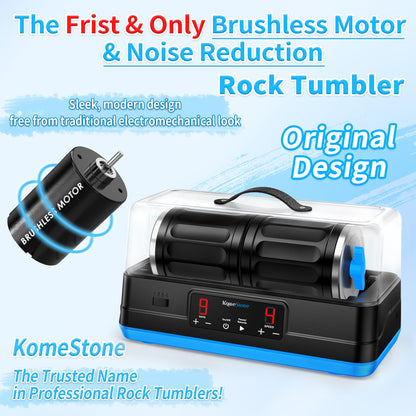 KomeStone Ultra Quiet Brushless Rock Tumbler Kit – 7LB Dual-Barrel Capacity with Noise-Canceling Cover, 4-Speed Control & 9-Day Timer, Full Accessories Included, Professional Rock Polisher for Adults
