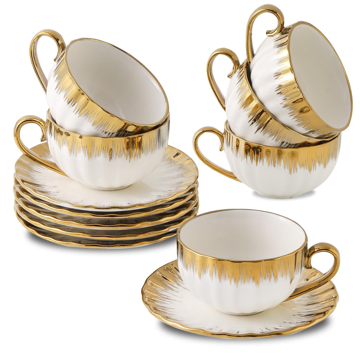LETAOTAO Cappuccino Cups with Saucers, 7 oz Porcelain Double Espresso Cups Set, Ceramic Turkish Coffee Cups with Gold Trim, Tea Cups Set of 6, Cafe Cups for Latte, Mocha, Au Lait, White