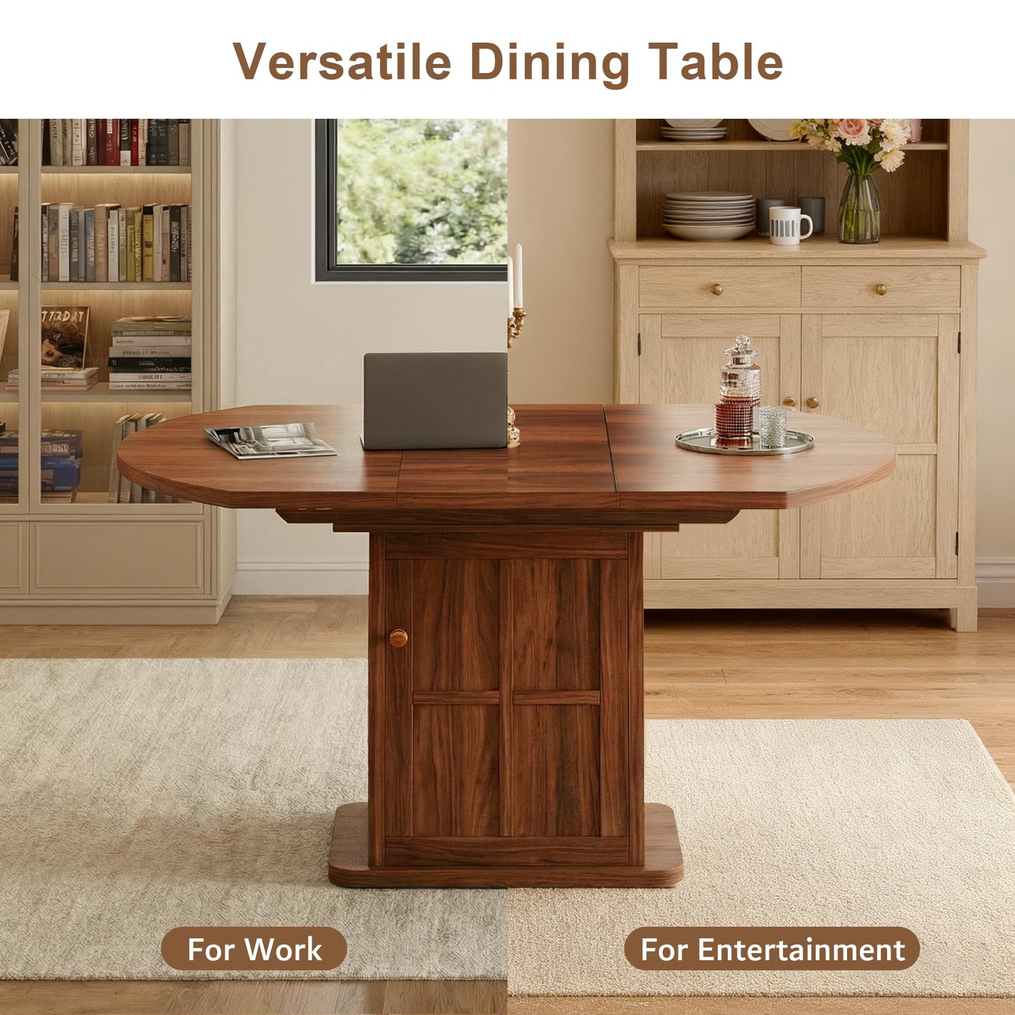 iPormis Round Dining Table for 4-6, 59'' Extendable Dining Room Kitchen Table with 2-Tier Storage Shelf, Wood Dinner Table with Door, Sturdy Pedestal Base, Space Saving, Kitchen, Dining, Walnut