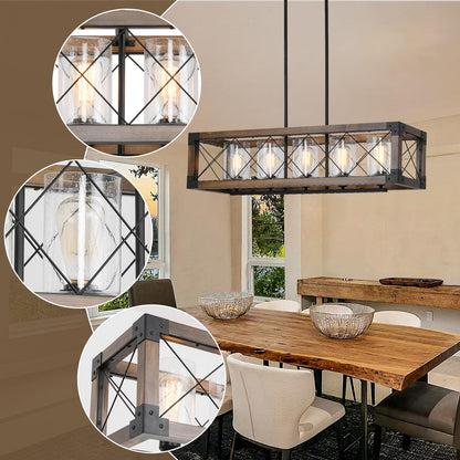 WJShome 35" Farmhouse Chandelier, 5-Light Kitchen Island Lighting, Modern Rectangular Dining Room Light Fixture, Rustic Wooden Chandeliers, Linear Pendant Light, with Clean Glass Shade