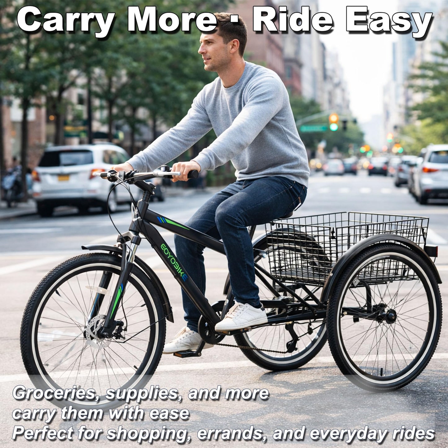 EOYOBIKE 7-Speed Adult Tricycle, 24/26/27.5 Inch 3-Wheel Bike with 420 lbs Capacity, All-Terrain Mountain Trike, Dual Disc Brakes & Large Rear Basket for Seniors, Men, Women, Fitness, Shopping