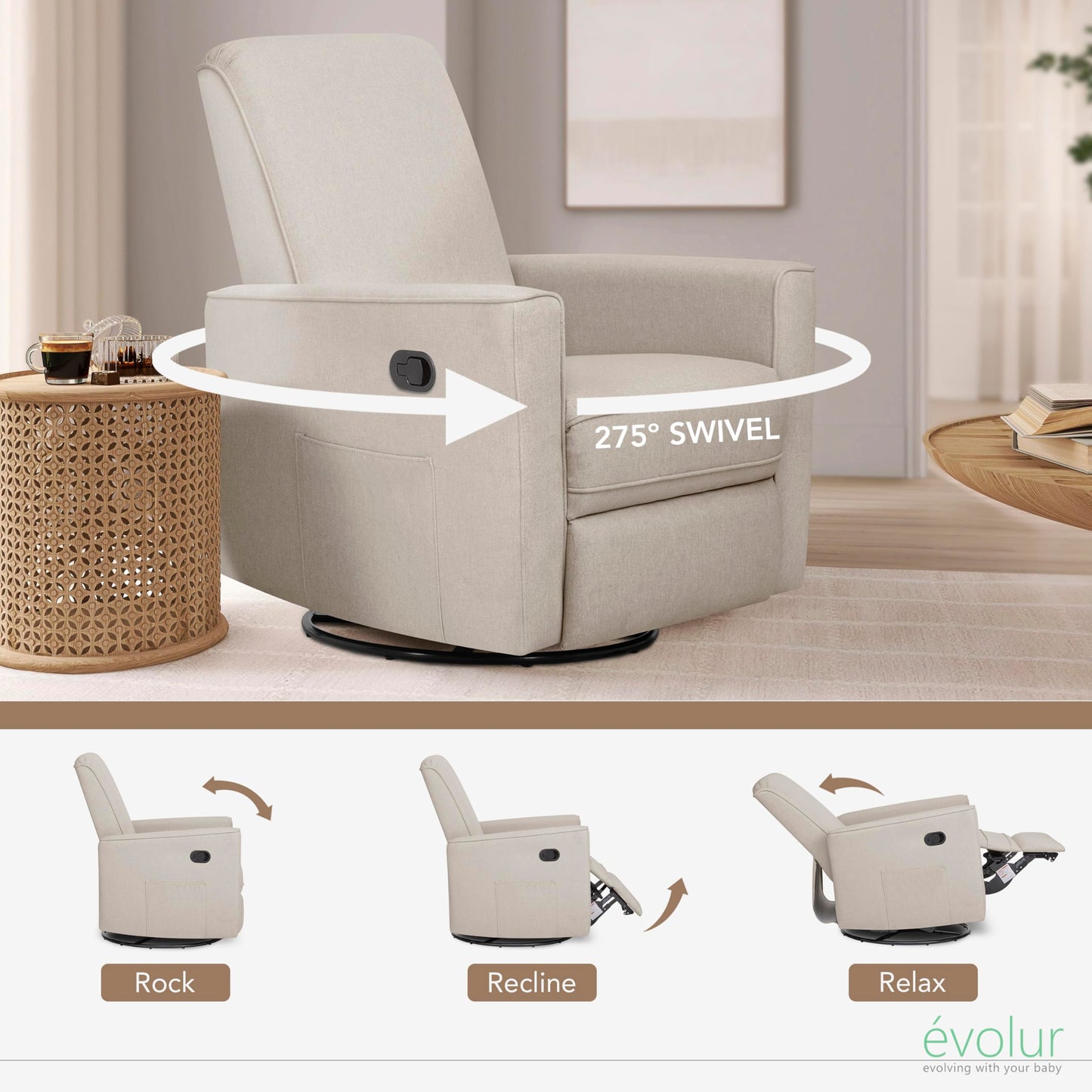 Evolur Raleigh Upholstered Manual Glider Recliner– Rocking & 360° Swivel with Smooth Glide – Greenguard Gold & FSC Certified – Modern Nursery and Living Room Chair in Light Sand