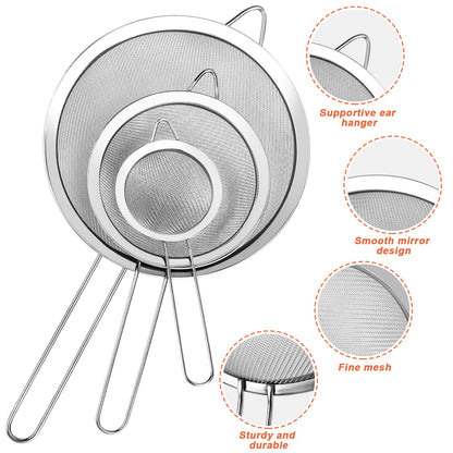 3Pcs Super Wire Extra Fine Mesh Strainer with Handle, Small Medium Large Size Sifter Metal Strainer Set, Stainless Steel Sieve Fine Mesh Strainers for Kitchen Rice Juice Quinoa Food Flour Baking YLYL