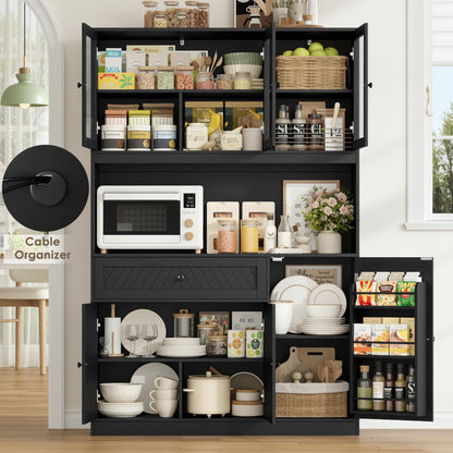 BOTLOG 72” Tall Kitchen Pantry Storage Cabinet, Modern White Kitchen Hutch with Large Storage Drawer, Countertop, Adjustable Shelves, Food Pantry Cabinets for Dining Room, Living Room (Black)