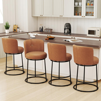 SAECKBERG Swivel Counter Height Bar Stools Set of 4, 26" H Modern Bar Stools for Kitchen Island Counter, Upholstered Barstools with Backs, Counter Height Chairs （Brown, Faux Leather）