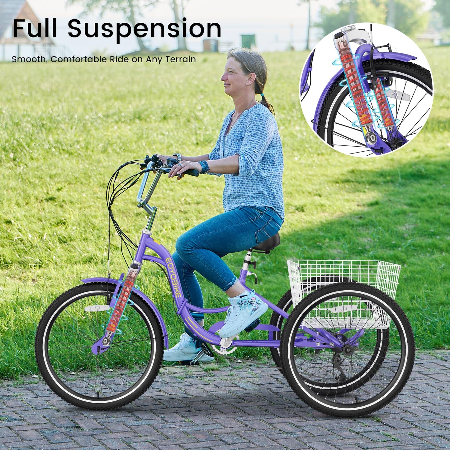 EOYOBIKE Adult Folding Tricycle, 7-Speed 3-Wheel Cruiser Bike with Low Step-Through Frame, Large Rear Basket, Adjustable Seat, 20/24/26 Inch Options