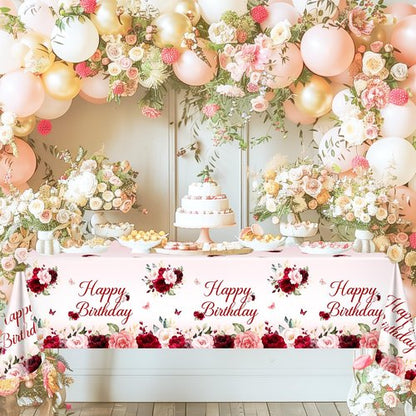 Avezano 3 pcs Burgundy Birthday Tablecloths 108x54 inch Red Pink Floral Birthday Party Decorations Burgundy Rose Bday Table Covers Disposable for Women Girls