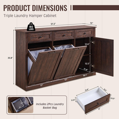 IFBUY Triple Tilt Out Laundry Hamper Cabinet, 20 Gallon Farmhouse Trash Can Cabinet w/Drawer & Adjustable Shelf, Hidden Garbage Can Bin Cabinets w/Laundry Basket for Bathroom, Kitchen (Brown)