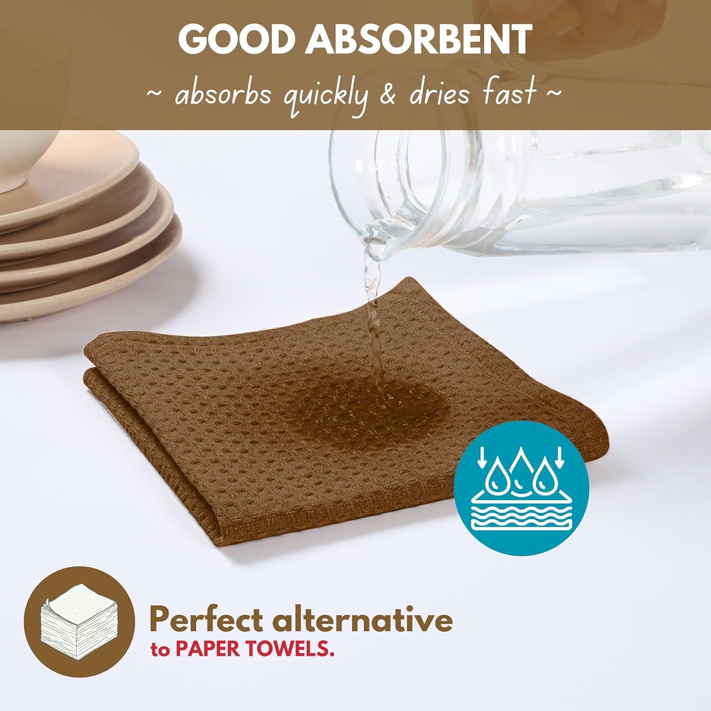 18 Pack 12x12 inch, 100% Native Fab Waffle Dish Cloths - Cotton, Absorbent, Quick Drying, Washable & Reusable Towels
