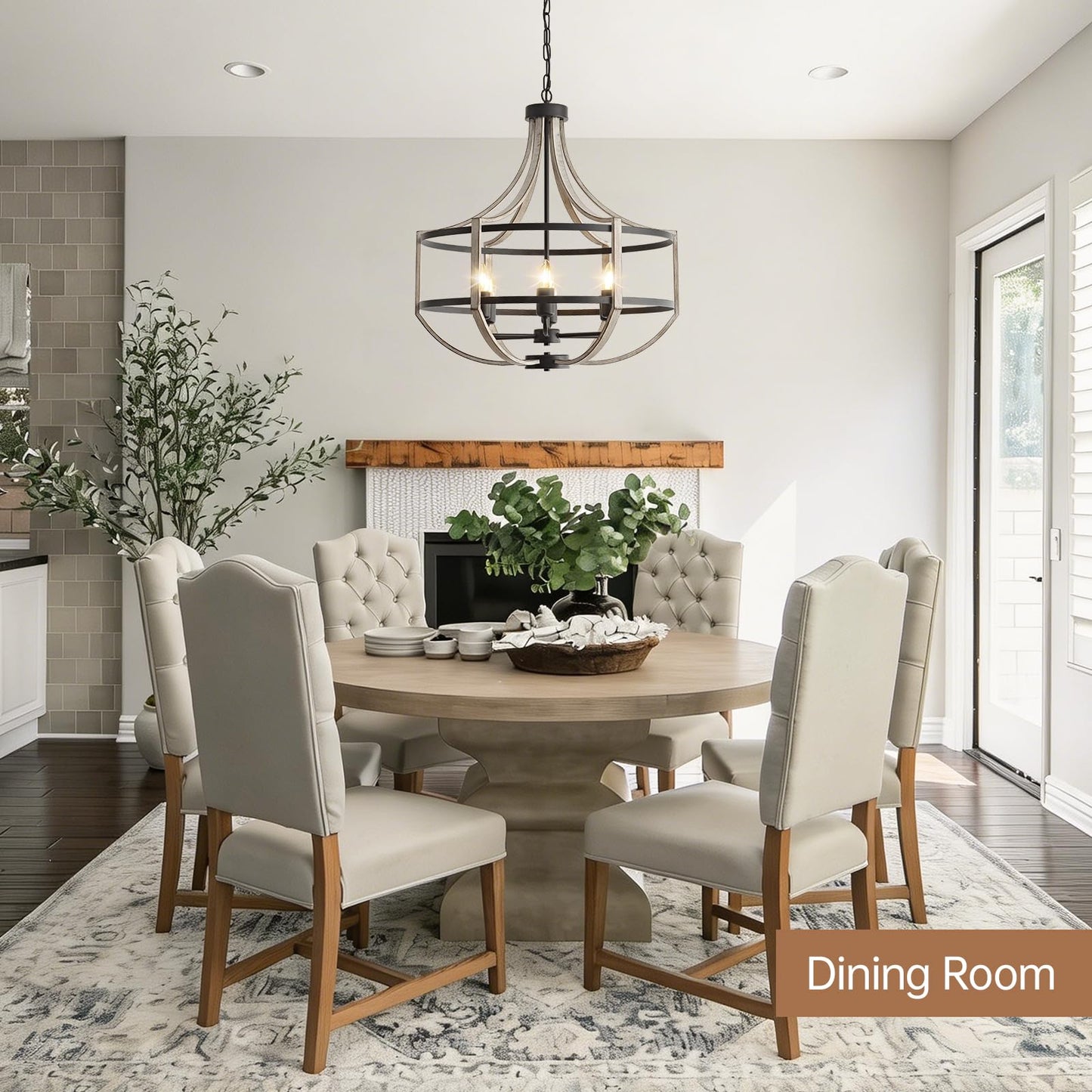23.6" Farmhouse Chandelier for Dining Room, 6-Light Distressed White Faux Wood Pendant Light Fixtures, Antique Vintage Foyer Chandelier for Entryway Kitchen Island Living Room