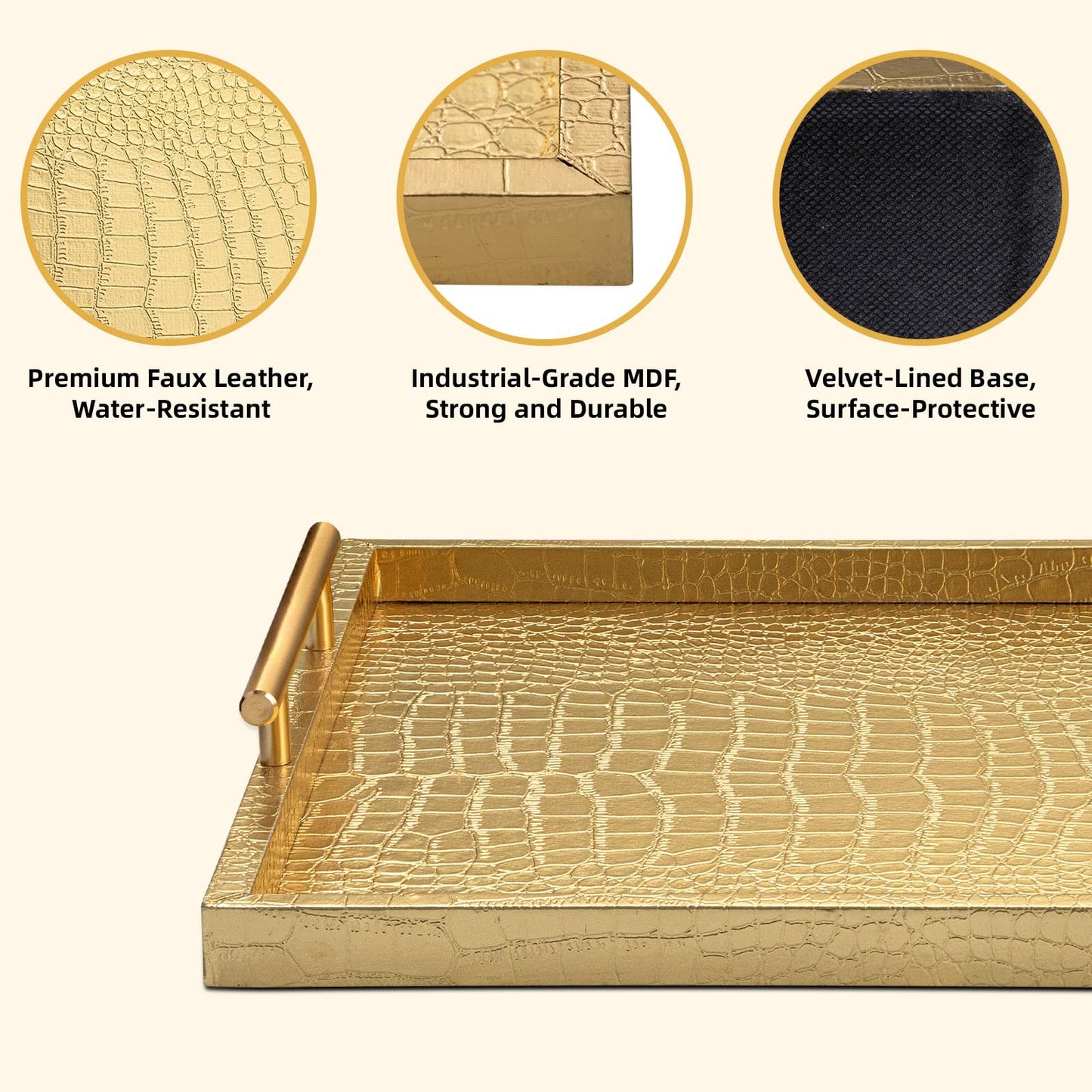 JUMBO HUMBLE Modern Elegant Large Wood Serving Tray, Set of 2 Gold Crocodile Leather with Gold Polished Metal Handles, Home Decorative Rectangle Ottoman Decor Platter Living Room Bathroom Vanity Tray