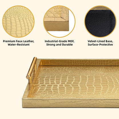 JUMBO HUMBLE Modern Elegant Large Wood Serving Tray, Set of 2 Gold Crocodile Leather with Gold Polished Metal Handles, Home Decorative Rectangle Ottoman Decor Platter Living Room Bathroom Vanity Tray