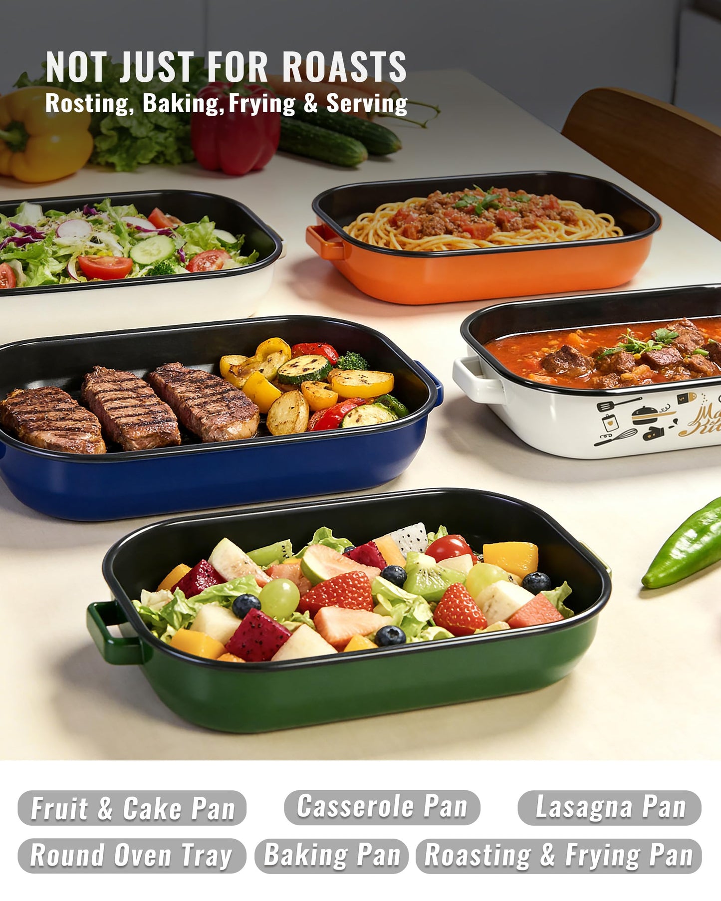MCCSI Roasting Pan for Oven with Rack 6-Piece Enamel Lasagna Baking Dishes Set 14&17 Inch, 572°F High Temperature Resistance Dishwasher Safe Non-Stick Deep Turkey Roaster Pan Mothers Day Gift Bakeware