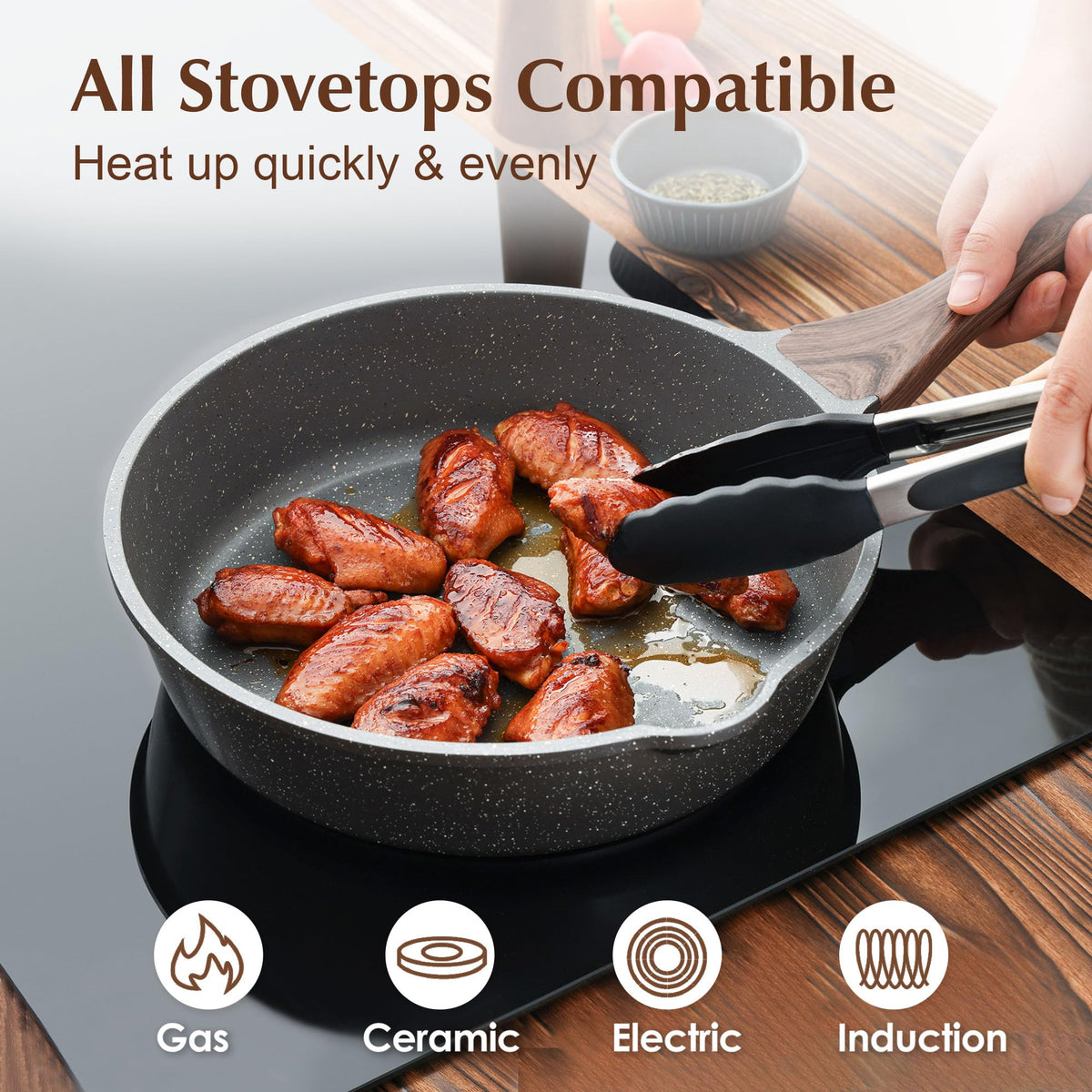 SENSARTE Nonstick Skillet, Deep Frying Pan 10/11/12-inch, Saute Pan with Lid, Stay-cool Handle, Healthy Stone Cookware Cooking Pan, Induction Compatible (10-Inch/3.5QT)