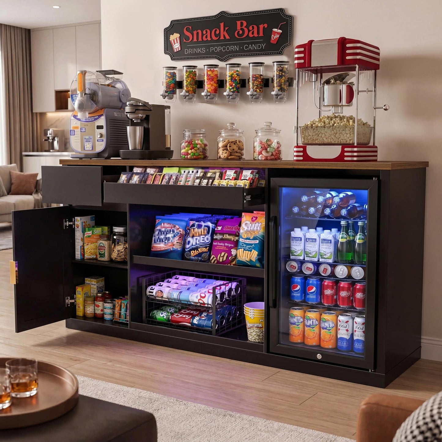 GDLF Snack Bar Cabinet with Fridge Space, 70.1" Snack Organizer with Storage and Candy Display Shelf, Coffee Station for Home Theater or Game Room with LED Lights, Black