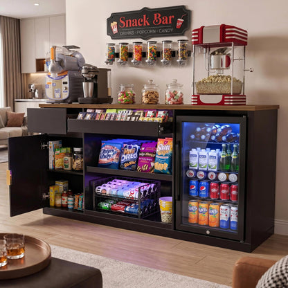 GDLF Snack Bar Cabinet with Fridge Space, 70.1" Snack Organizer with Storage and Candy Display Shelf, Coffee Station for Home Theater or Game Room with LED Lights, Black