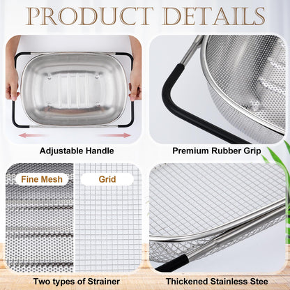 Tioncy 2 Pcs Large Over The Sink Colander, 6 Quart Stainless Steel Colander with Fine Mesh or Grid, Strainer Basket with Expandable Rubber Handles, Strain, Drain, Rinse Vegetable Fruit for Kitchen