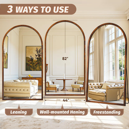 Full Length Mirror 82"×44" Floor Mirror Standing Tall Mirror, Arched Stand up Large Wall Mirrors, Freestanding Full Body Mirrors for Bedroom Living Room Wood Antique Style Walnut